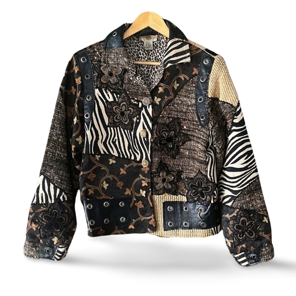 Sandy Starkman Vintage Silk & Leather Patchwork Jacket Designer Statement Piece